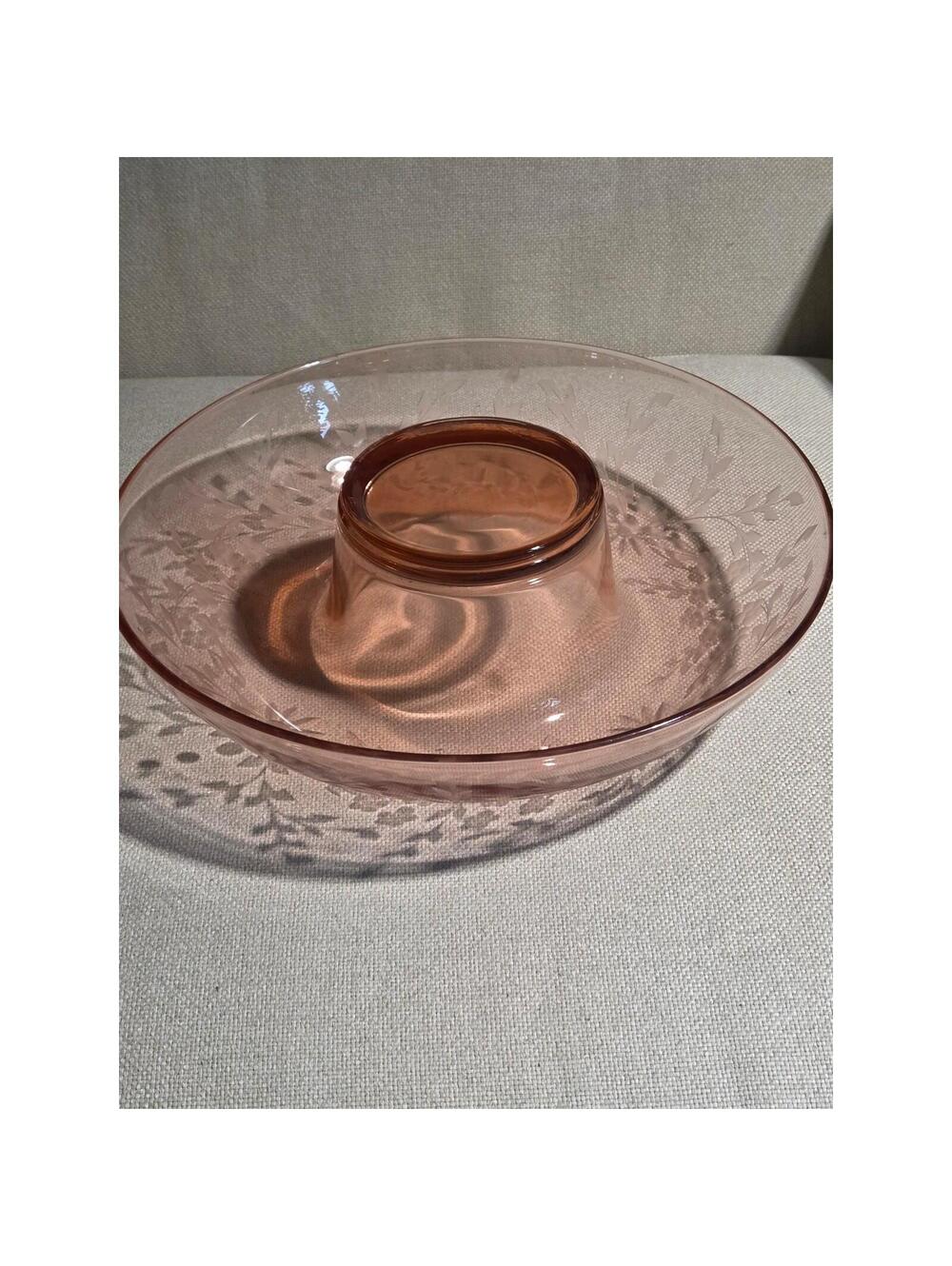 Vtg 12" Lancaster Glass Pink Depression Centerpiece Bowl Floral Etched 1930s